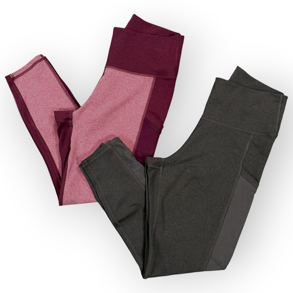 FABLETICS Crop Leggings Women S Gray Burgundy Bundle of 2 Mesh Pocket Athletic
